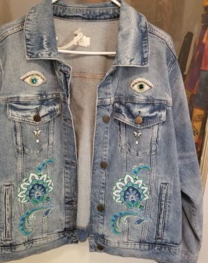 Unique one of kind jean jacket.
